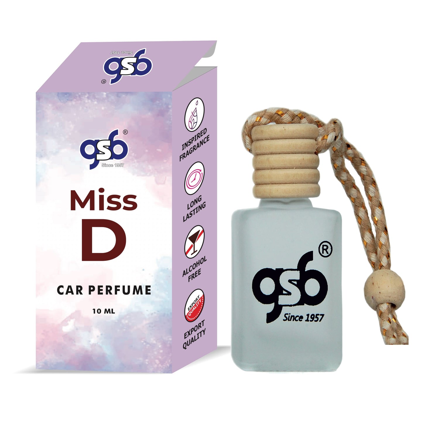 GSB Miss D Hanging Car Air Freshener Inspired From Doir Miss D | Natural Fragrance In Glass Bottle With Wooden Diffuser Lid | 10 Ml