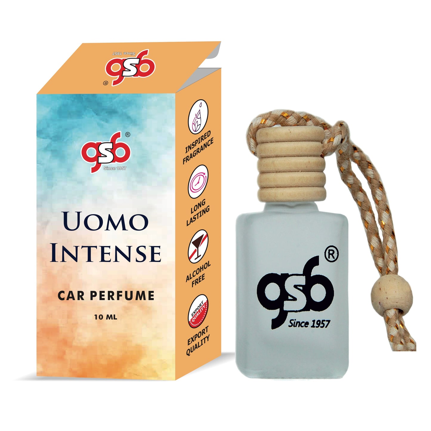 GSB Uomo Intense Hanging Car Air Freshener Inspired From Valentine Uomo Intense | Natural Fragrance In Glass Bottle With Wooden Diffuser Lid | 10 Ml