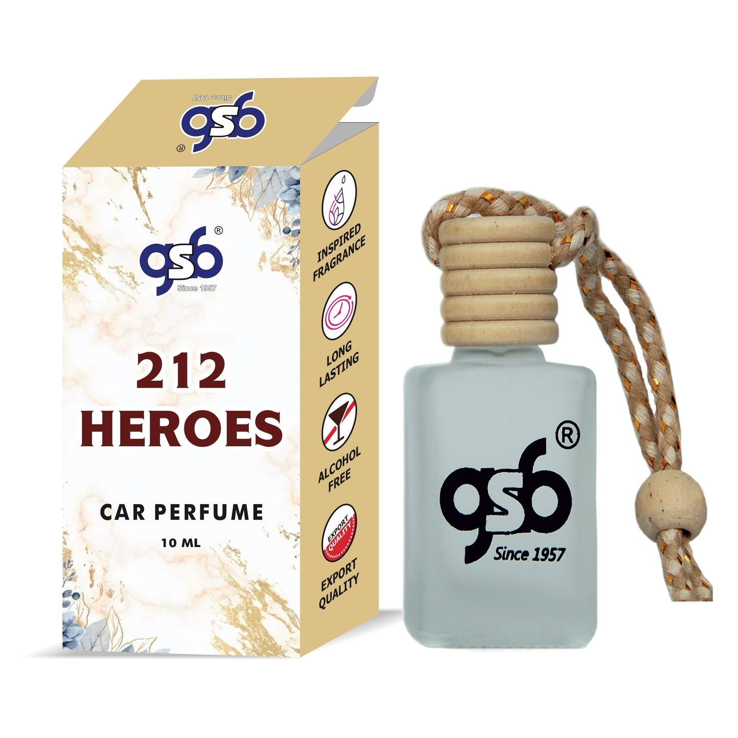 GSB 212 Heroes Hanging Car Air Freshener Inspired From Craolina Hrrera 212 Heroes | Natural Fragrance In Glass Bottle With Wooden Diffuser Lid | 10 Ml