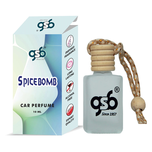 GSB Spicebomb Hanging Car Air Freshener Inspired From Victor Ralf Spicebomb | Natural Fragrance In Glass Bottle With Wooden Diffuser Lid | 10 Ml