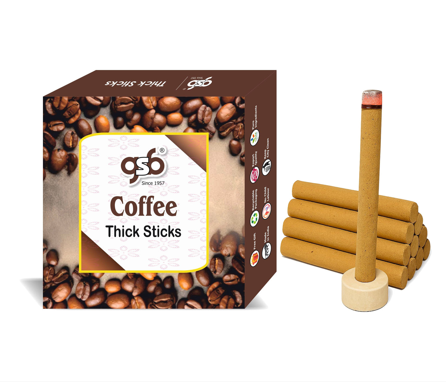 GSB Coffee Premium Thick Dhoop Sticks with Stand Holder in Box | Dhoop Batti | No Charcoal | No Bamboo
