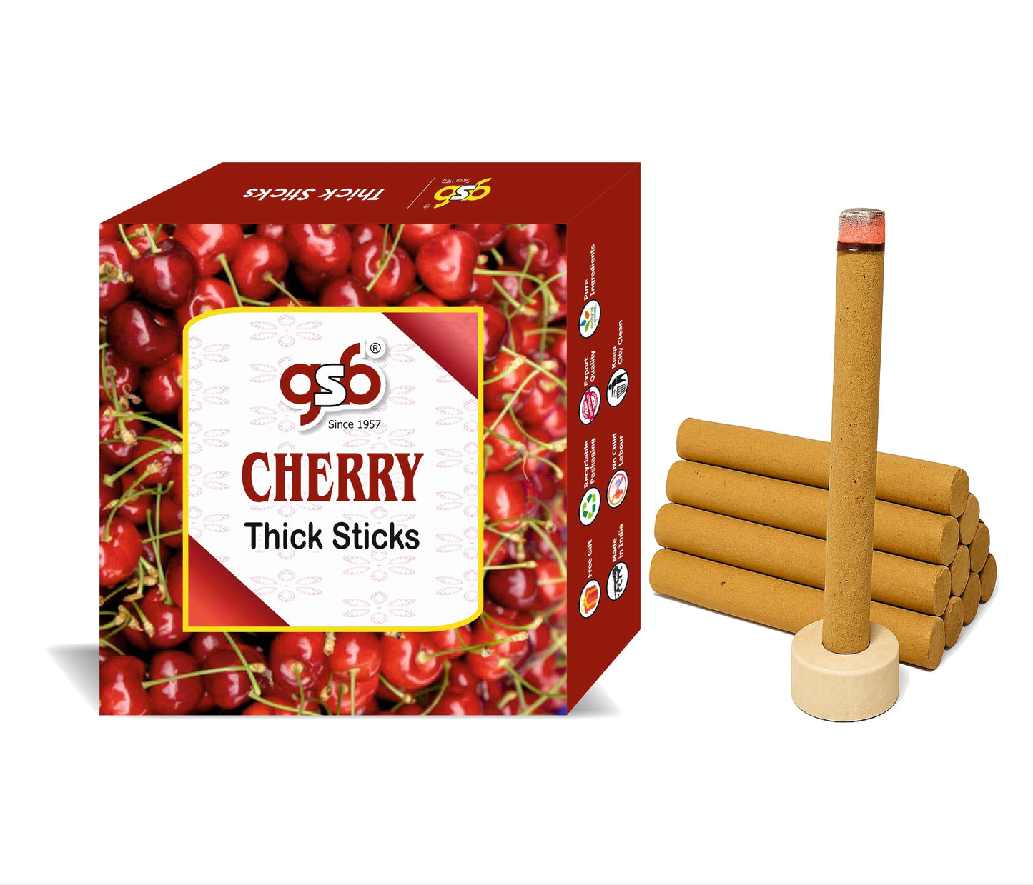 GSB Cherry Premium Thick Dhoop Sticks with Stand Holder in Box | Dhoop Batti | No Charcoal | No Bamboo