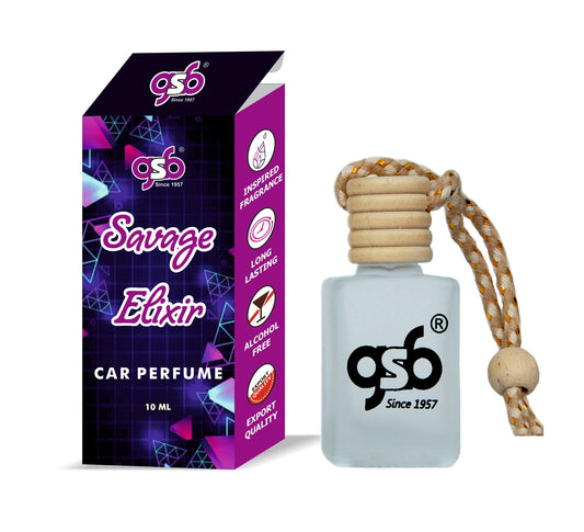 GSB Savage Elixir Hanging Car Air Freshener Inspired From Doir Savage Elixir | Natural Fragrance In Glass Bottle With Wooden Diffuser Lid | 10 Ml