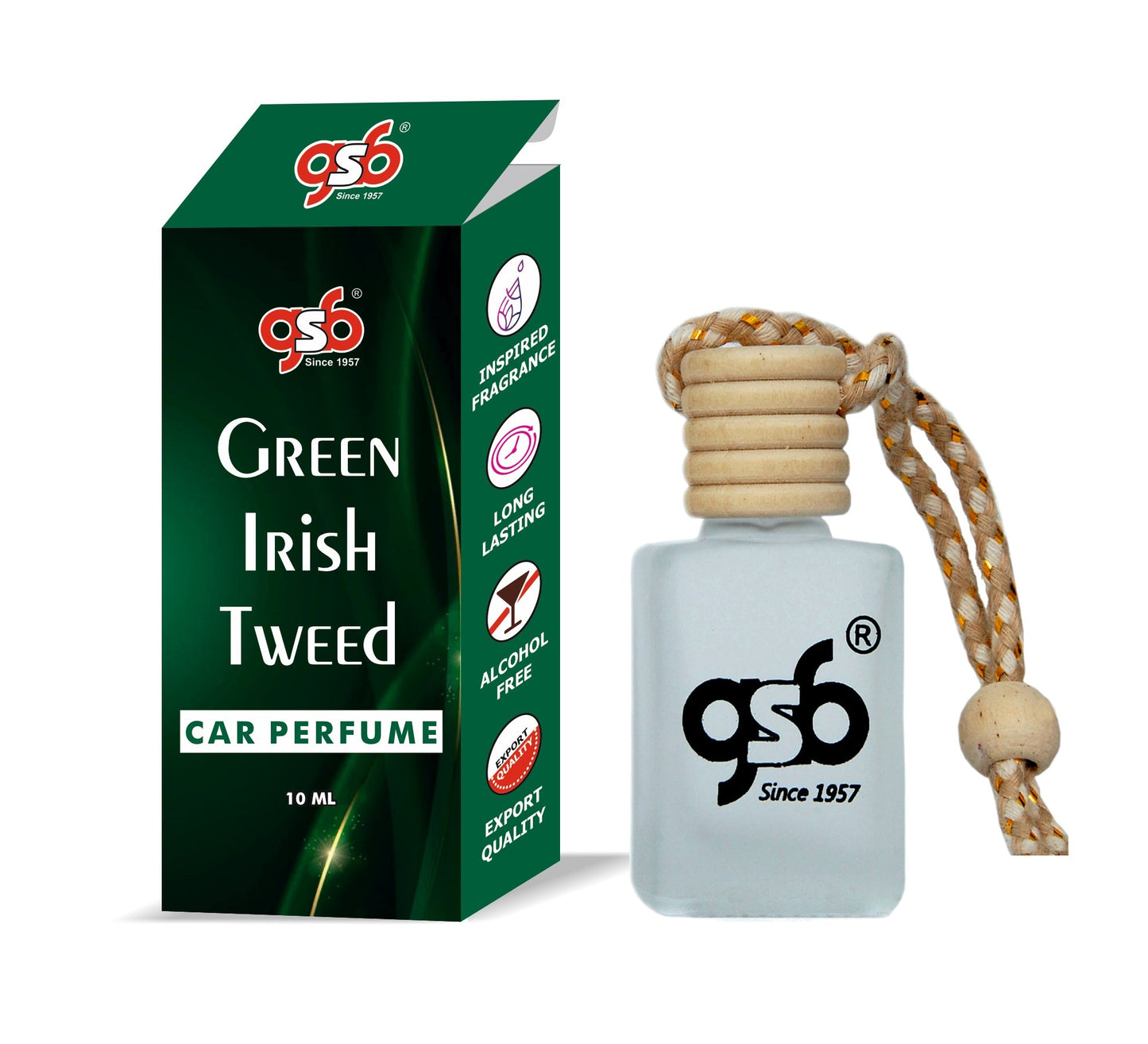 GSB Green Irish Tweed Hanging Car Air Freshener Inspired From Greed Green Irish Tweed | Natural Fragrance In Glass Bottle With Wooden Diffuser Lid | 10 Ml