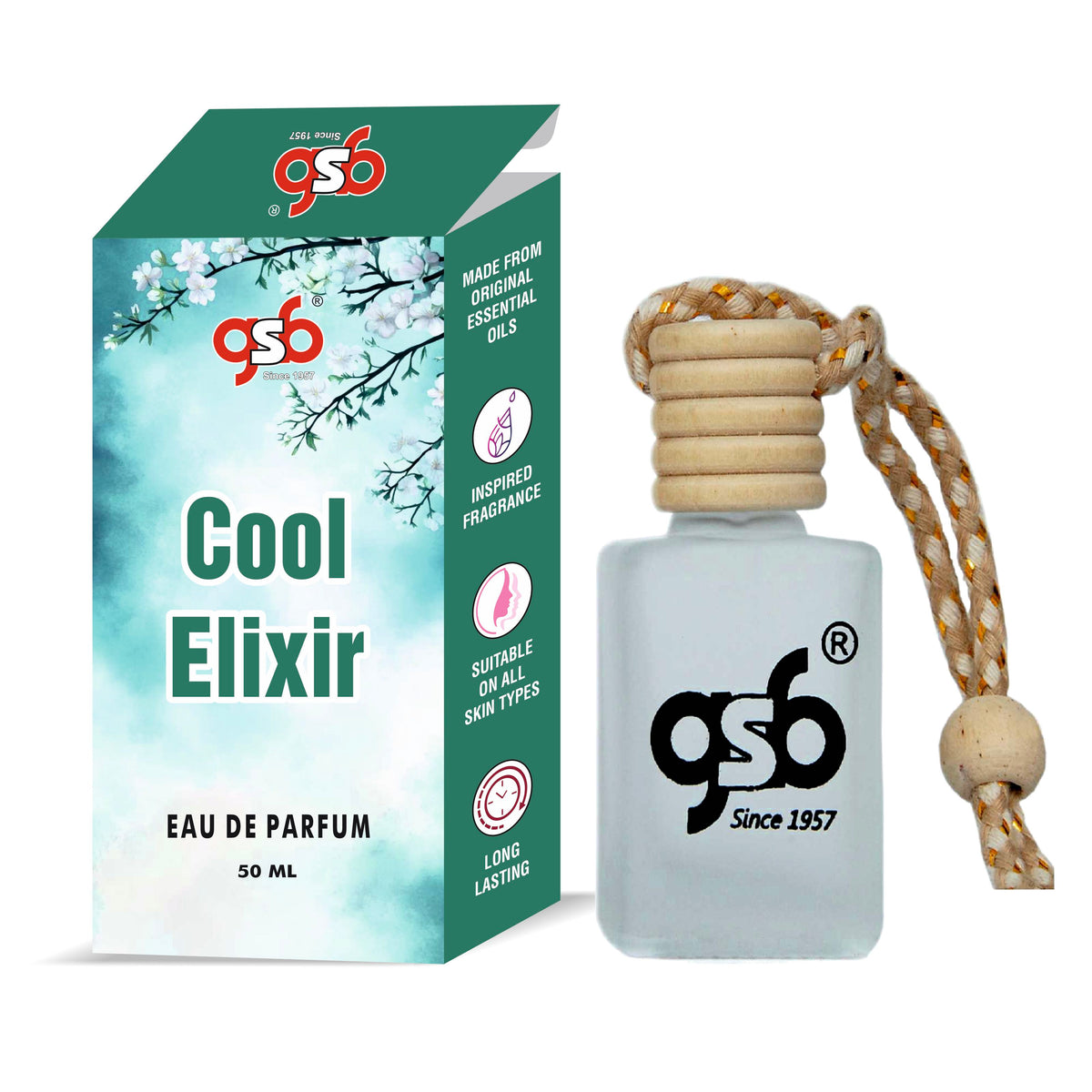 GSB Cool Elixir Hanging Car Air Freshener Inspired From Cool Elixir | Natural Fragrance In Glass Bottle With Wooden Diffuser Lid | 10 Ml