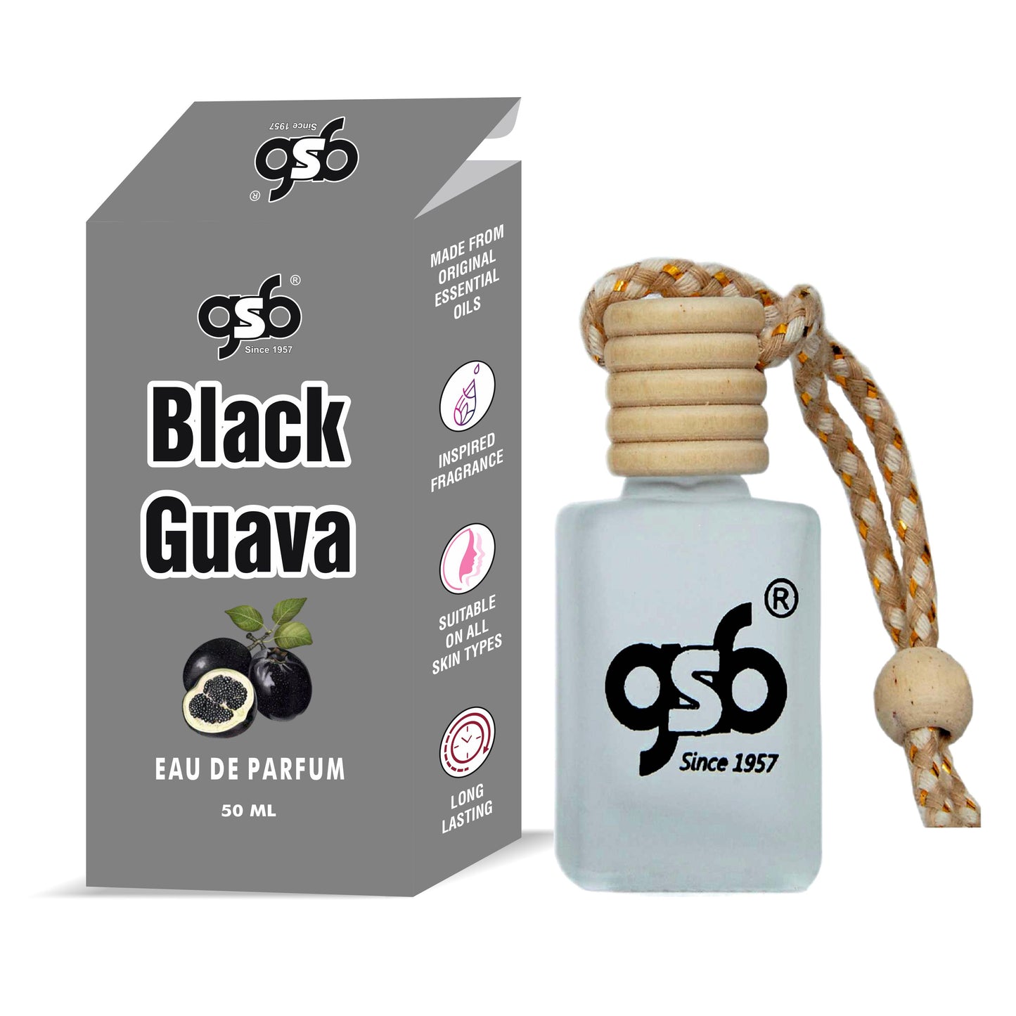 GSB Black Guava Hanging Car Air Freshener Inspired From Born To Outstand Black Guava | Natural Fragrance In Glass Bottle With Wooden Diffuser Lid | 10 Ml