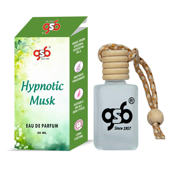 GSB Hypnotic Musk Hanging Car Air Freshener Inspired From M. Micfella Hypnotic Musk | Natural Fragrance In Glass Bottle With Wooden Diffuser Lid | 10 Ml