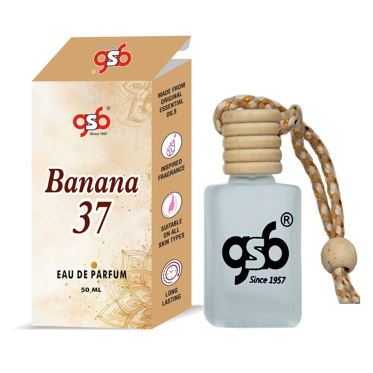 GSB Banana 37 Hanging Car Air Freshener Inspired From Kyali Banana 37 | Natural Fragrance In Glass Bottle With Wooden Diffuser Lid | 10 Ml