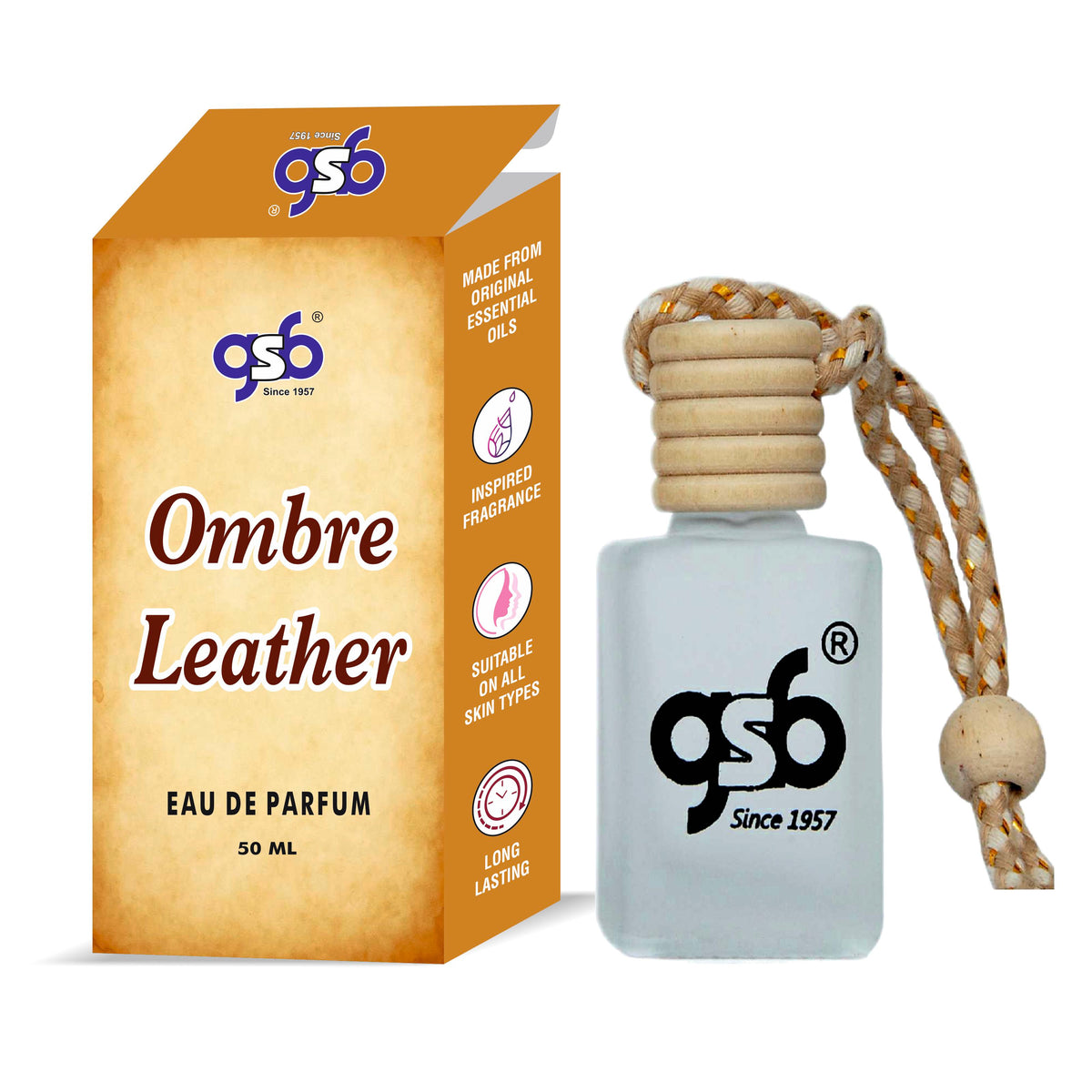 GSB Ombre Leather Hanging Car Air Freshener Inspired From Tord Fom Ombre Leather | Natural Fragrance In Glass Bottle With Wooden Diffuser Lid | 10 Ml
