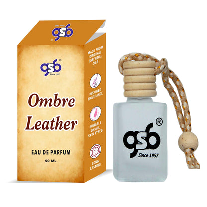 GSB Ombre Leather Hanging Car Air Freshener Inspired From Tord Fom Ombre Leather | Natural Fragrance In Glass Bottle With Wooden Diffuser Lid | 10 Ml