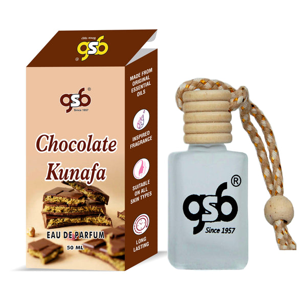 GSB Chocolate Kunafa Hanging Car Air Freshener | Natural Fragrance In Glass Bottle With Wooden Diffuser Lid | 10 Ml