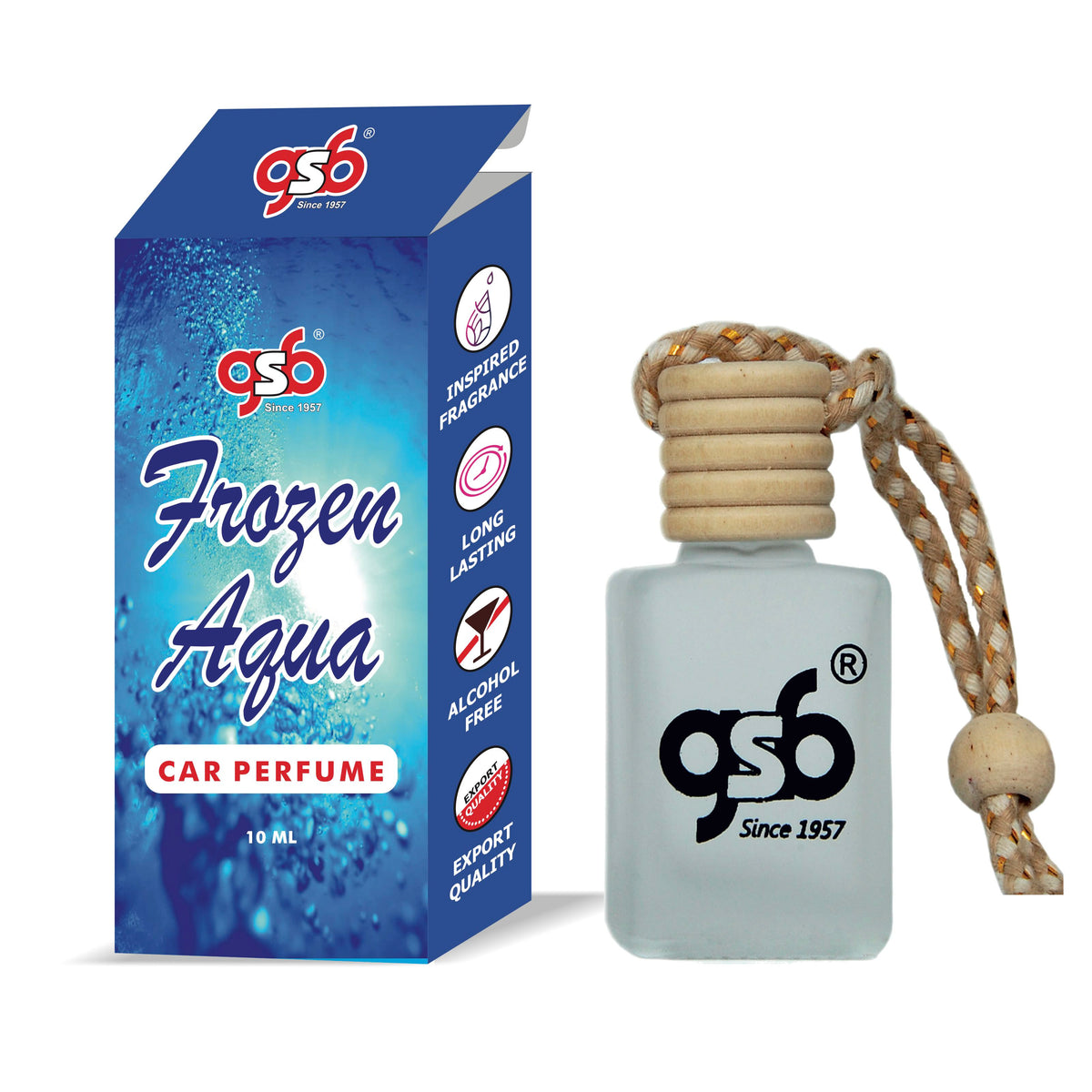 GSB Frozen Aqua Hanging Car Air Freshener | Natural Fragrance In Glass Bottle With Wooden Diffuser Lid | 10 Ml