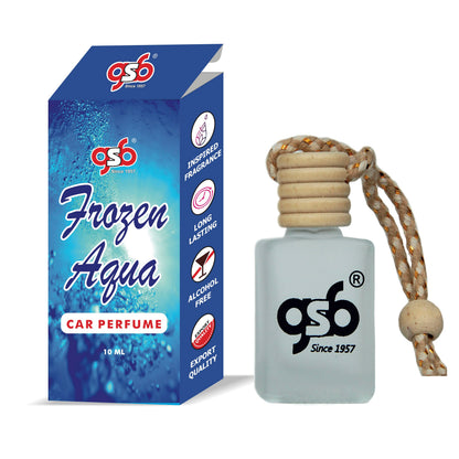 GSB Frozen Aqua Hanging Car Air Freshener | Natural Fragrance In Glass Bottle With Wooden Diffuser Lid | 10 Ml