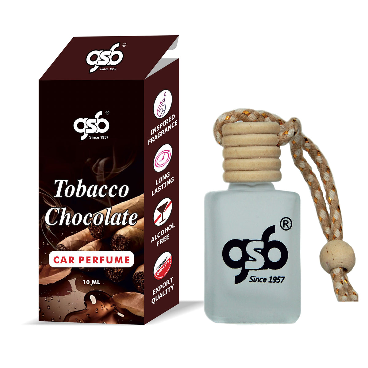 GSB Tobacco Chocolate Hanging Car Air Freshener Inspired From Fom Tord Tobacco Chocolate | Natural Fragrance In Glass Bottle With Wooden Diffuser Lid | 10 Ml