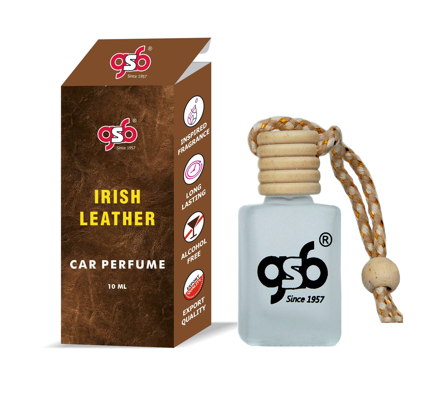 GSB Irish Leather Hanging Car Air Freshener Inspired From Nemo Pairs Irish Leather | Natural Fragrance In Glass Bottle With Wooden Diffuser Lid | 10 Ml