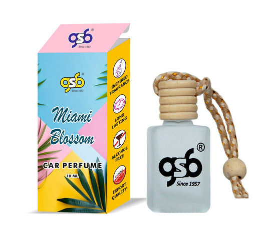 GSB Miami Blossom Hanging Car Air Freshener Inspired From Ecsada Miami Blossom | Natural Fragrance In Glass Bottle With Wooden Diffuser Lid | 10 Ml