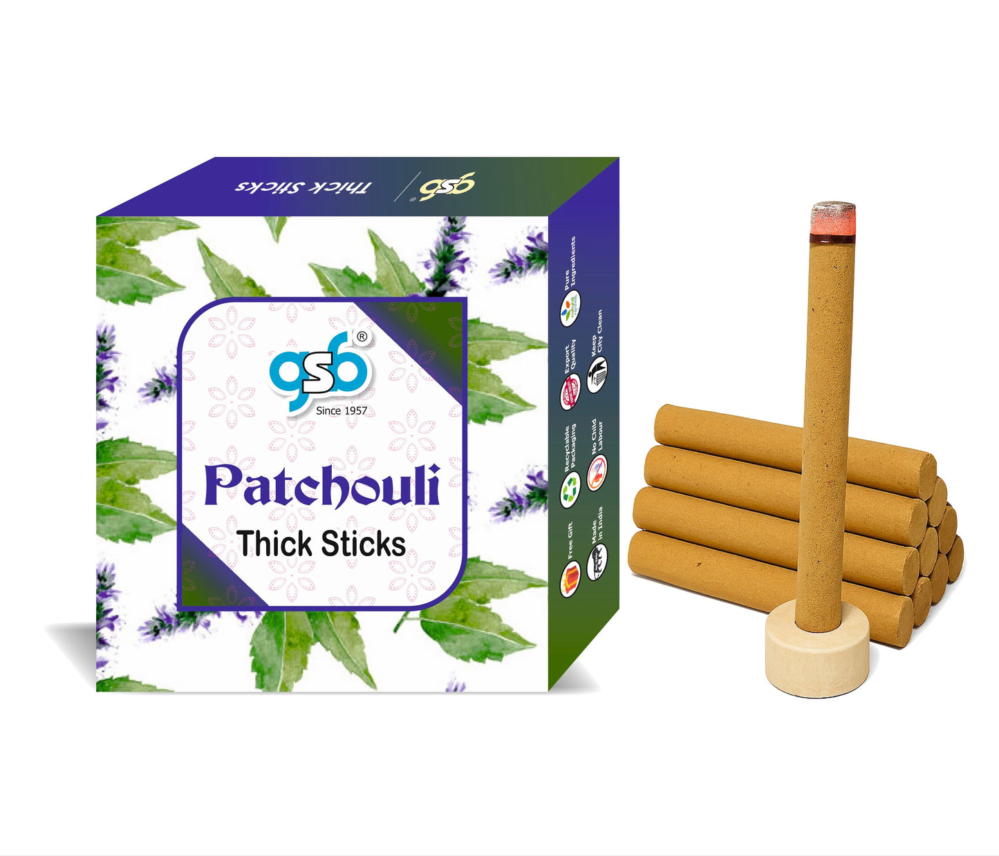 GSB Patchouli Premium Thick Dhoop Sticks with Stand Holder in Box | Dhoop Batti | No Charcoal | No Bamboo