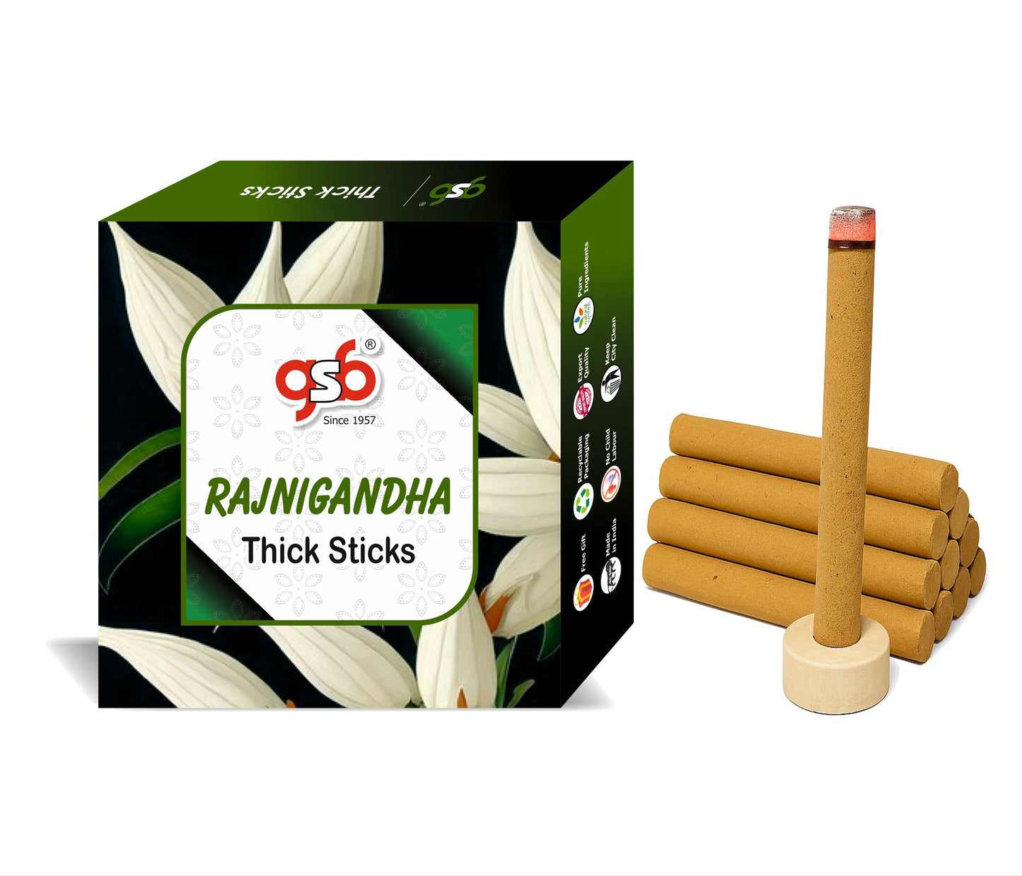 GSB Rajnigandha Premium Thick Dhoop Sticks with Stand Holder in Box | Dhoop Batti | No Charcoal | No Bamboo