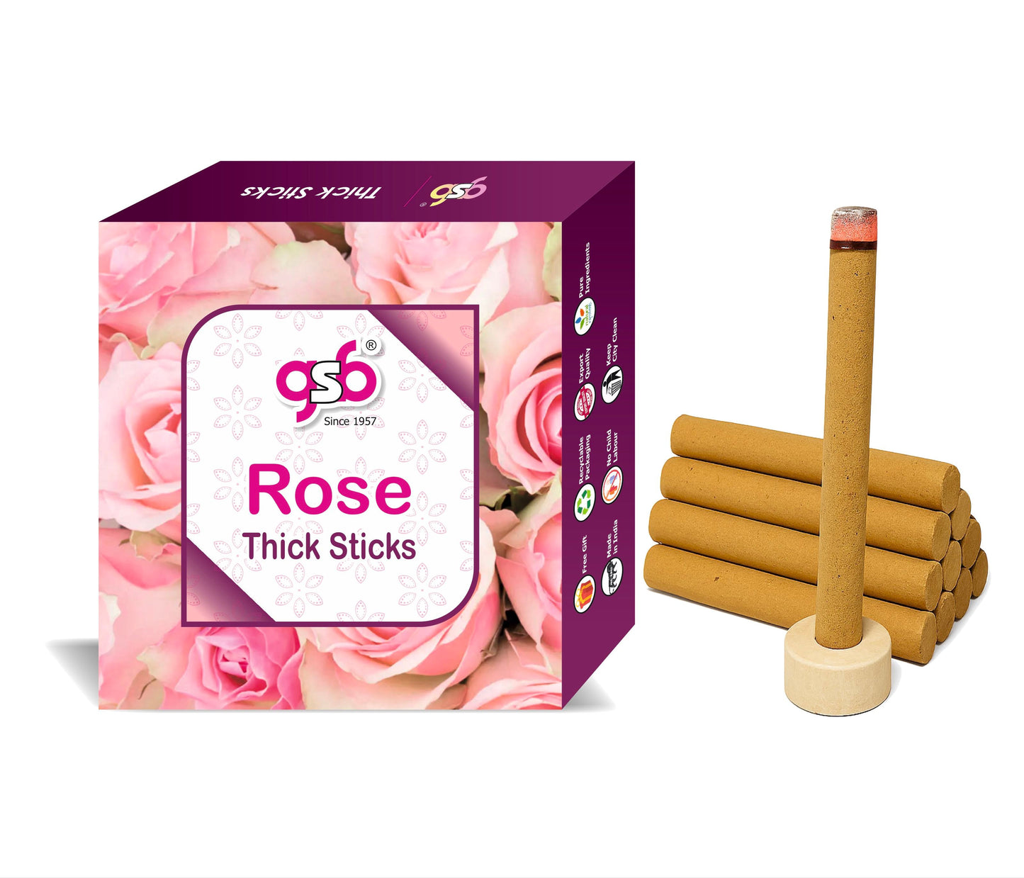 GSB Rose Premium Thick Dhoop Sticks with Stand Holder in Box | Dhoop Batti | No Charcoal | No Bamboo