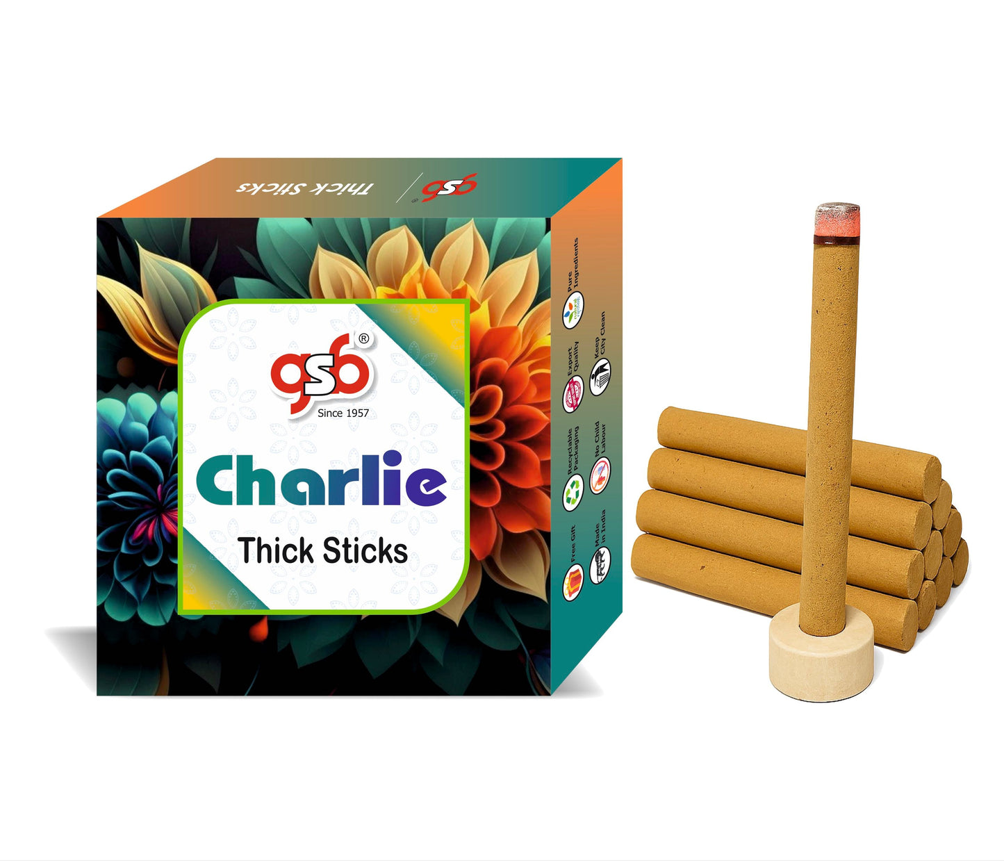 GSB Charlie Premium Thick Dhoop Sticks with Stand Holder in Box | Dhoop Batti | No Charcoal | No Bamboo