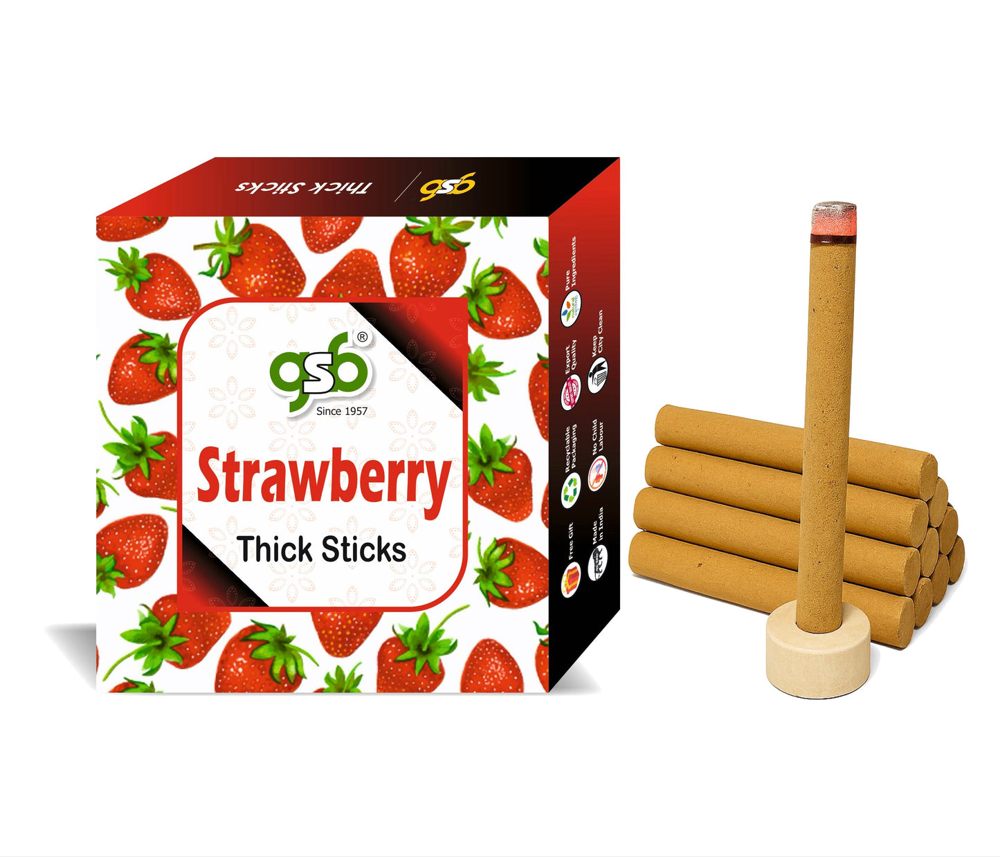 GSB Strawberry Premium Thick Dhoop Sticks with Stand Holder in Box | Dhoop Batti | No Charcoal | No Bamboo