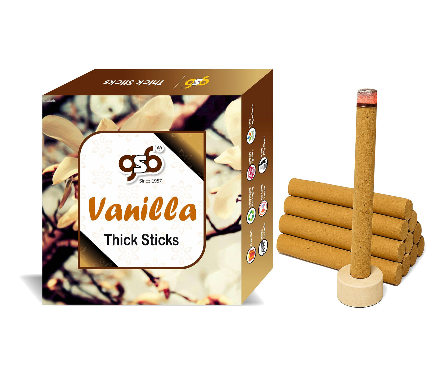 GSB Vanilla Premium Thick Dhoop Sticks with Stand Holder in Box | Dhoop Batti | No Charcoal | No Bamboo