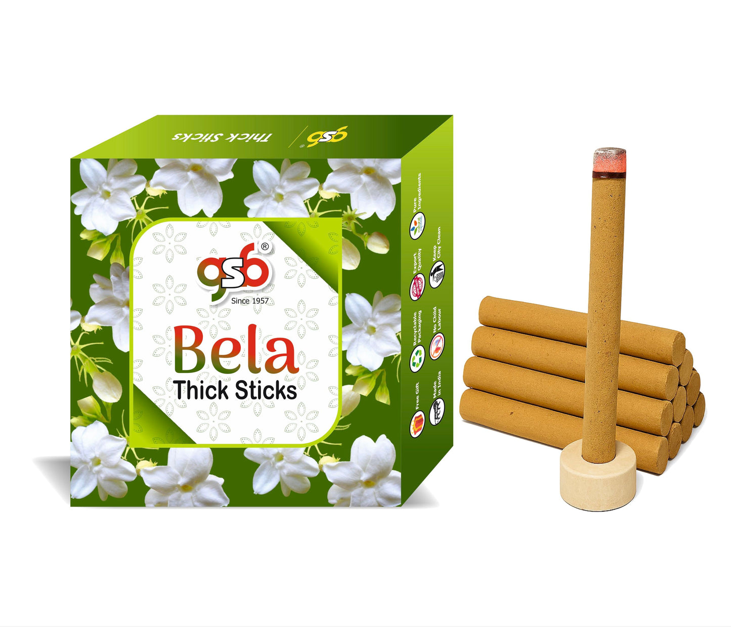 GSB Bela Premium Thick Dhoop Sticks with Stand Holder in Box | Dhoop Batti | No Charcoal | No Bamboo