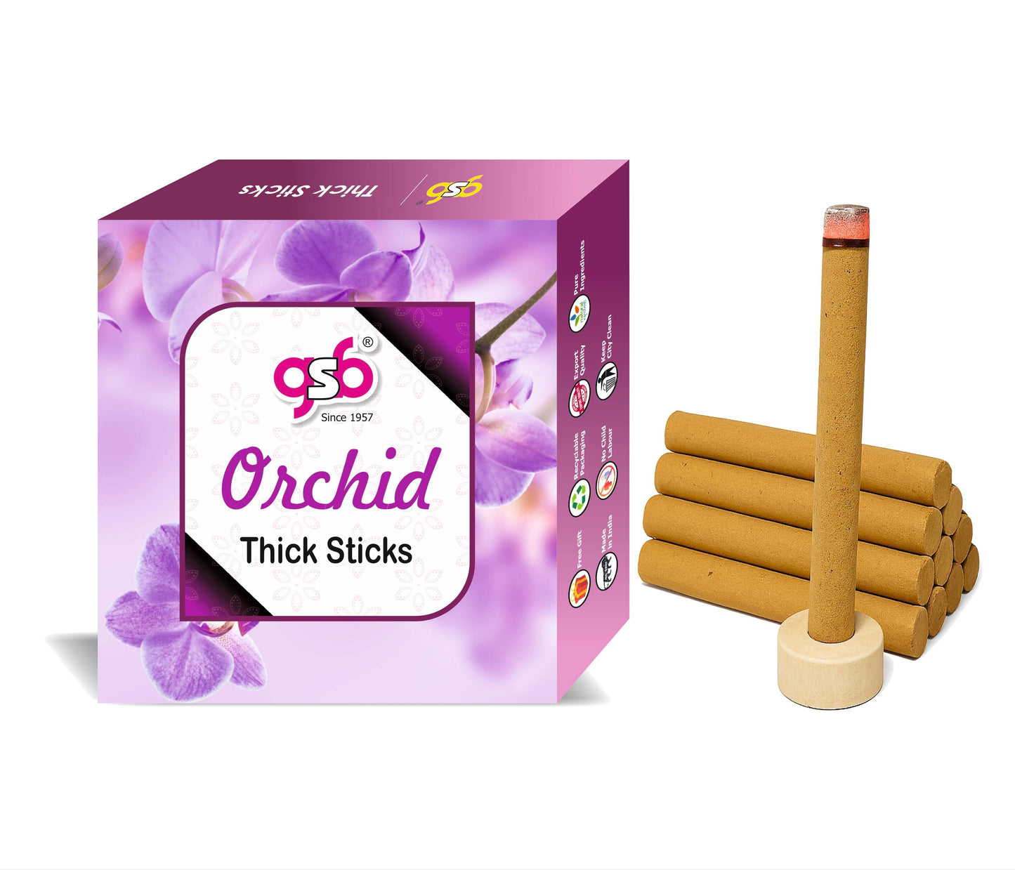 GSB Orchid Premium Thick Dhoop Sticks with Stand Holder in Box | Dhoop Batti | No Charcoal | No Bamboo