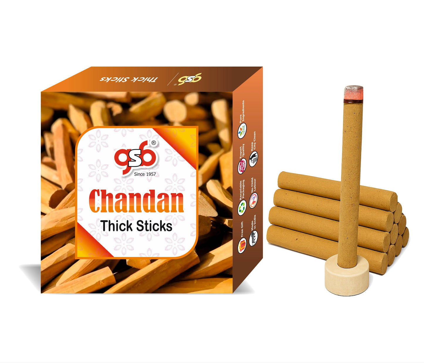 GSB Chandan Premium Thick Dhoop Sticks with Stand Holder in Box | Dhoop Batti | No Charcoal | No Bamboo
