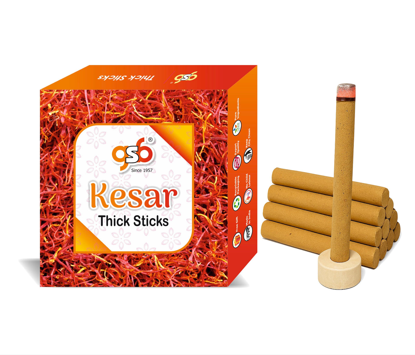 GSB Kesar Premium Thick Dhoop Sticks with Stand Holder in Box | Dhoop Batti | No Charcoal | No Bamboo