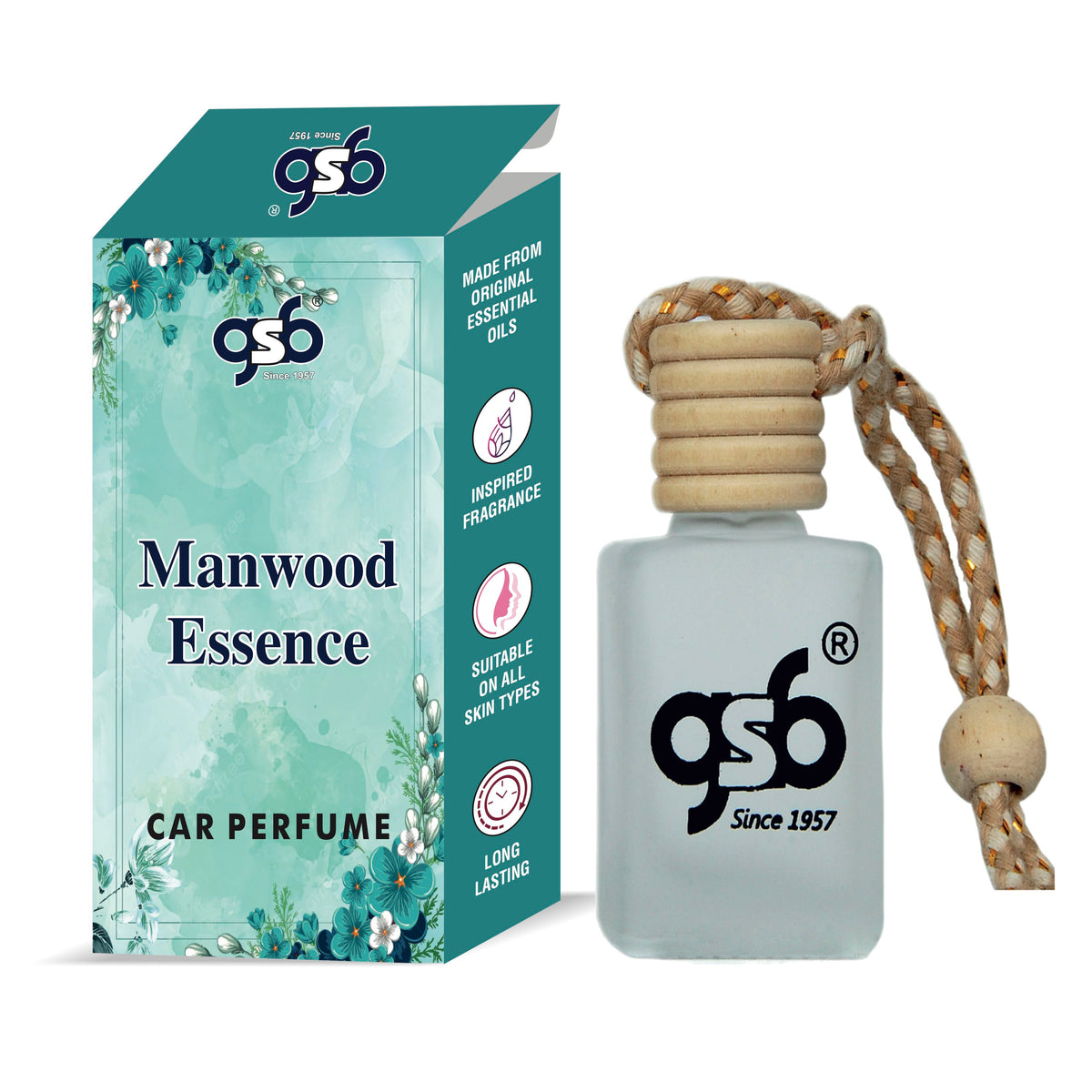 GSB Manwood Essence Hanging Car Air Freshener Inspired From Bulgri Manwood Essence | Natural Fragrance In Glass Bottle With Wooden Diffuser Lid | 10 Ml