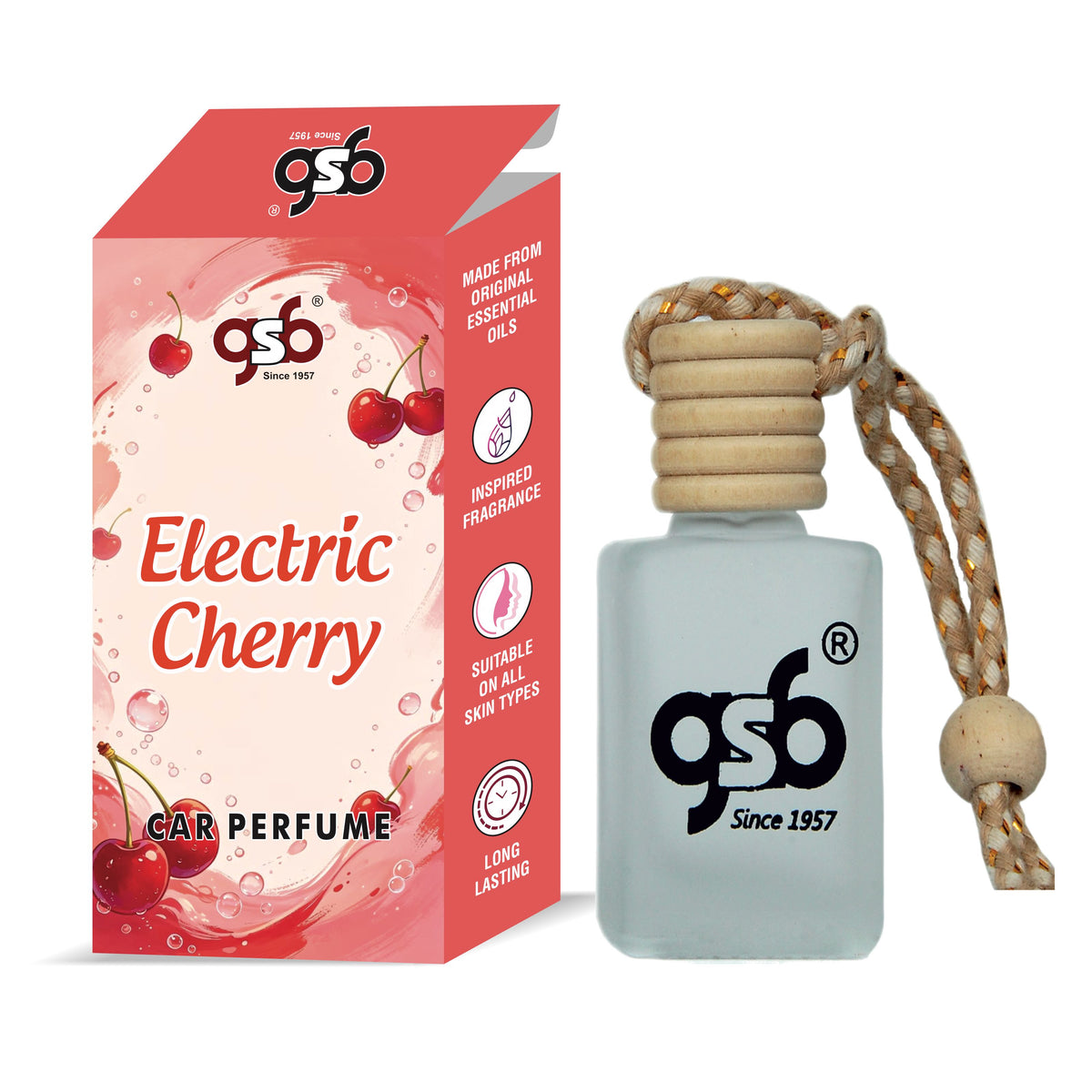 GSB Electric Cherry Hanging Car Air Freshener Inspired From Fom Tord Electric Cherry | Natural Fragrance In Glass Bottle With Wooden Diffuser Lid | 10 Ml