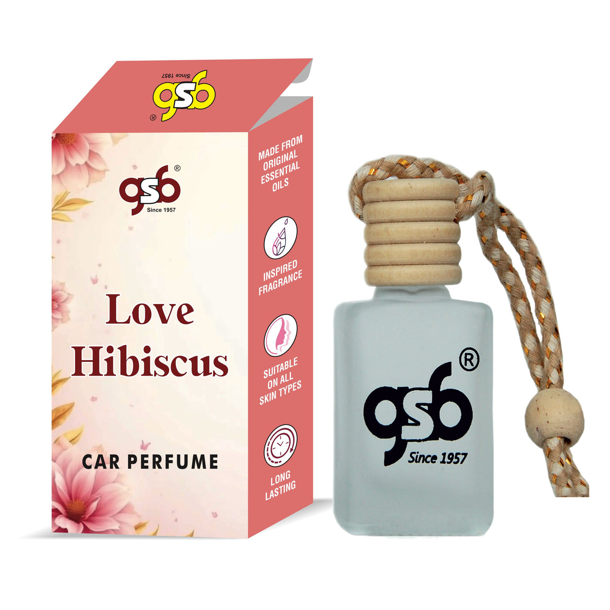 GSB Love Hibiscus Hanging Car Air Freshener Inspired From Amage Love Hibiscus | Natural Fragrance In Glass Bottle With Wooden Diffuser Lid | 10 Ml