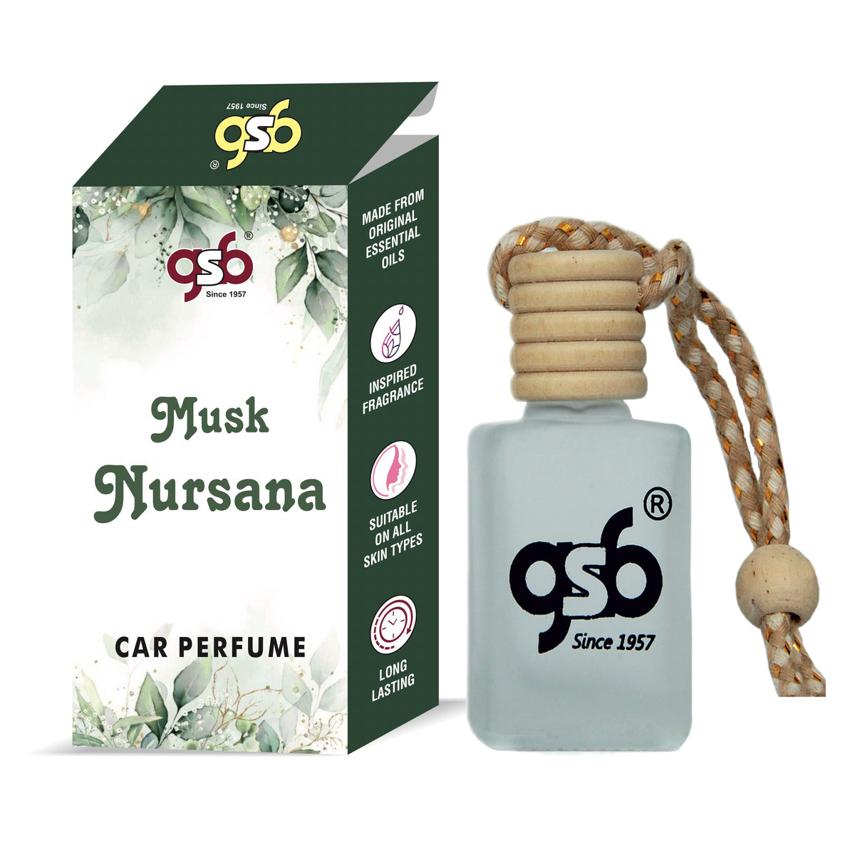 GSB Musk Nursana Hanging Car Air Freshener Inspired From Masion Crillevi Musk Nursana | Natural Fragrance In Glass Bottle With Wooden Diffuser Lid | 10 Ml