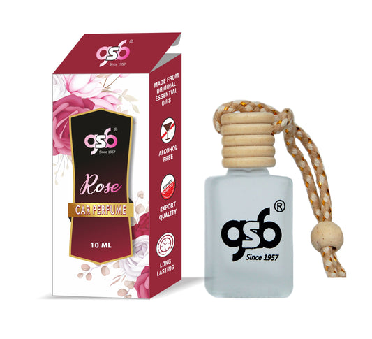 GSB Rose Hanging Car Air Freshener | Long Lasting Car Perfume | Natural And Real Fragrance In Glass Bottle With Wooden Diffuser Lid | 10 Ml