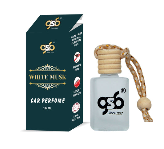 GSB White Musk Hanging Car Air Freshener | Long Lasting Car Perfume | Natural And Real Fragrance In Glass Bottle With Wooden Diffuser Lid | 10 Ml