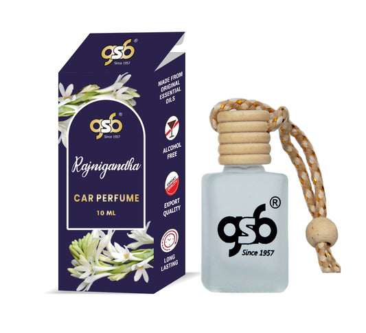 GSB Rajnigandha Hanging Car Air Freshener | Long Lasting Car Perfume | Natural And Real Fragrance In Glass Bottle With Wooden Diffuser Lid | 10 Ml