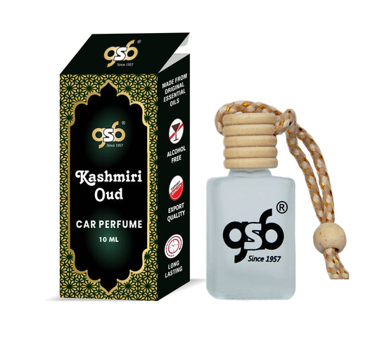 GSB Kashmiri Oud Hanging Car Air Freshener | Long Lasting Car Perfume | Natural And Real Fragrance In Glass Bottle With Wooden Diffuser Lid | 10 Ml