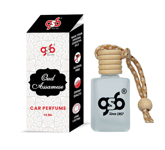 GSB Oud Assamese Hanging Car Air Freshener | Long Lasting Car Perfume | Natural And Real Fragrance In Glass Bottle With Wooden Diffuser Lid | 10 Ml