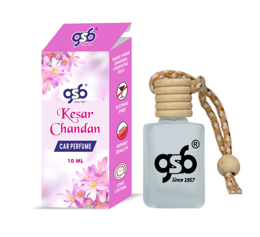 GSB Kesar Chandan Hanging Car Air Freshener | Long Lasting Car Perfume | Natural And Real Fragrance In Glass Bottle With Wooden Diffuser Lid | 10 Ml