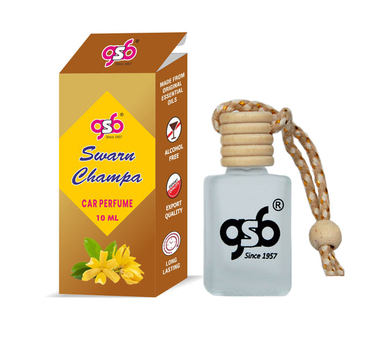 GSB Swarna Champa Hanging Car Air Freshener | Long Lasting Car Perfume | Natural And Real Fragrance In Glass Bottle With Wooden Diffuser Lid | 10 Ml