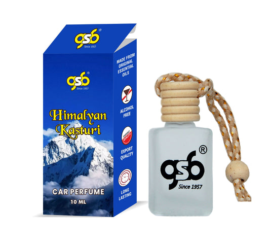 GSB Himalyan Kasturi Hanging Car Air Freshener | Long Lasting Car Perfume | Natural And Real Fragrance In Glass Bottle With Wooden Diffuser Lid | 10 Ml