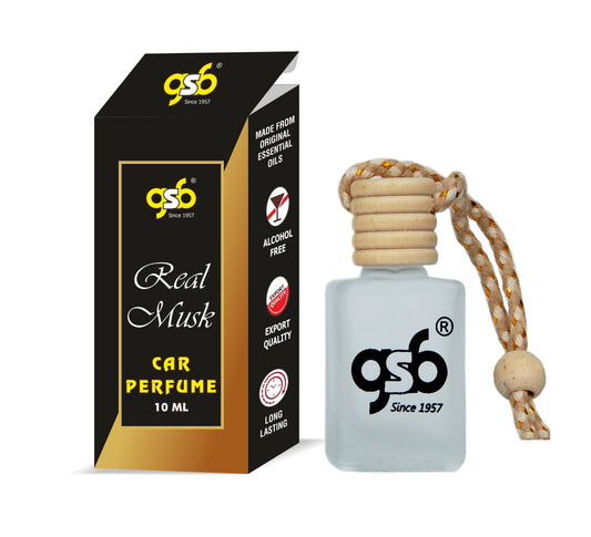 GSB Real Musk Hanging Car Air Freshener | Long Lasting Car Perfume | Natural And Real Fragrance In Glass Bottle With Wooden Diffuser Lid | 10 Ml