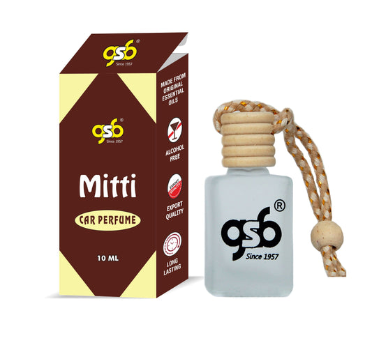 GSB Mitti Hanging Car Air Freshener | Long Lasting Car Perfume | Natural And Real Fragrance In Glass Bottle With Wooden Diffuser Lid | 10 Ml