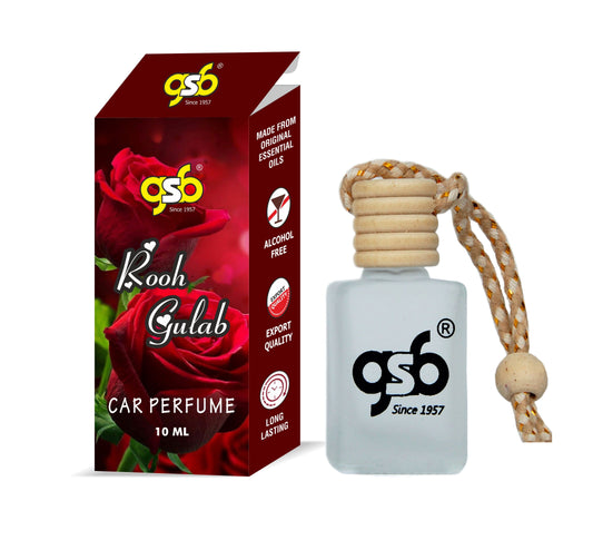 GSB Rooh Gulab Hanging Car Air Freshener | Long Lasting Car Perfume | Natural And Real Fragrance In Glass Bottle With Wooden Diffuser Lid | 10 Ml