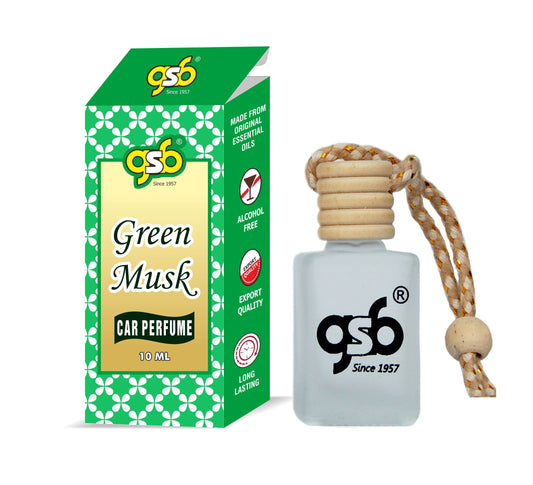 GSB Green Musk Hanging Car Air Freshener | Long Lasting Car Perfume | Natural And Real Fragrance In Glass Bottle With Wooden Diffuser Lid | 10 Ml