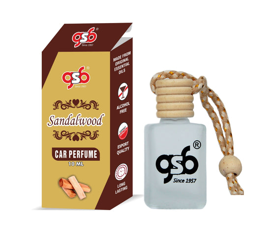 GSB Sandalwood Hanging Car Air Freshener | Long Lasting Car Perfume | Natural And Real Fragrance In Glass Bottle With Wooden Diffuser Lid | 10 Ml