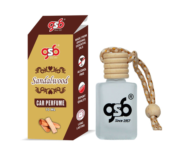 GSB Sandalwood Hanging Car Air Freshener | Long Lasting Car Perfume | Natural And Real Fragrance In Glass Bottle With Wooden Diffuser Lid | 10 Ml