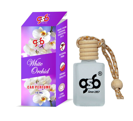 GSB White Orchid Hanging Car Air Freshener | Long Lasting Car Perfume | Natural And Real Fragrance In Glass Bottle With Wooden Diffuser Lid | 10 Ml