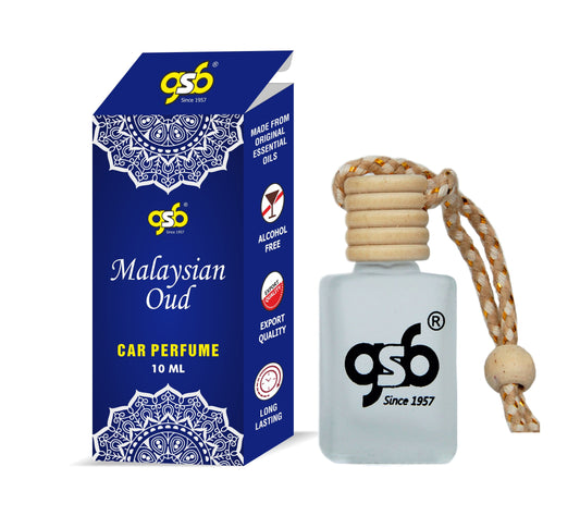 GSB Malysian Oud Hanging Car Air Freshener | Long Lasting Car Perfume | Natural And Real Fragrance In Glass Bottle With Wooden Diffuser Lid | 10 Ml